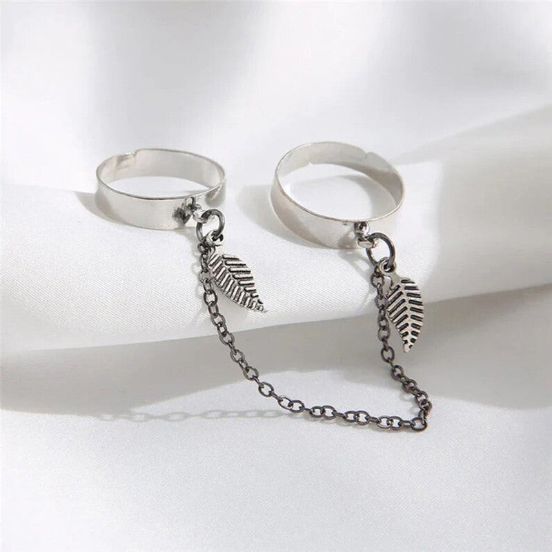 Silver-Toned Silver-Plated Leaf-Inspired Chain Rings For Women