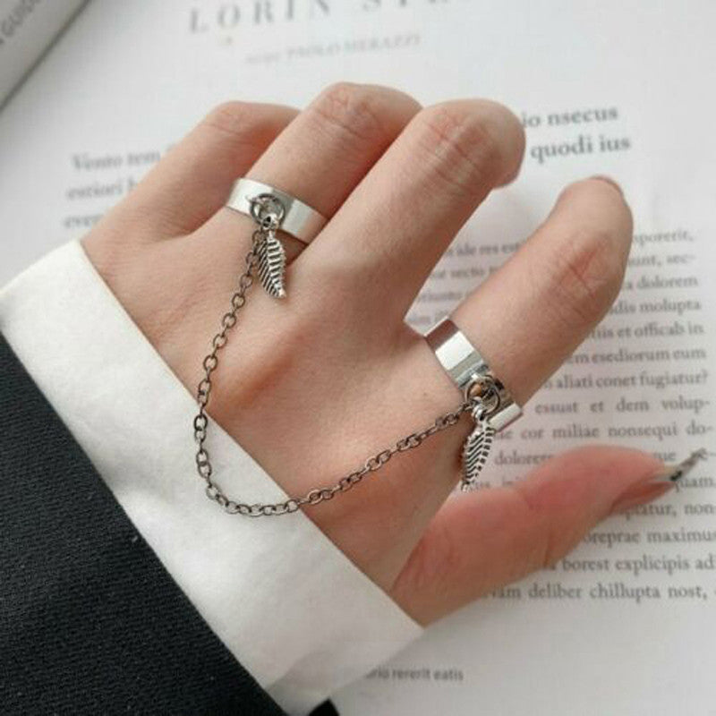 Silver-Toned Silver-Plated Leaf-Inspired Chain Rings For Women