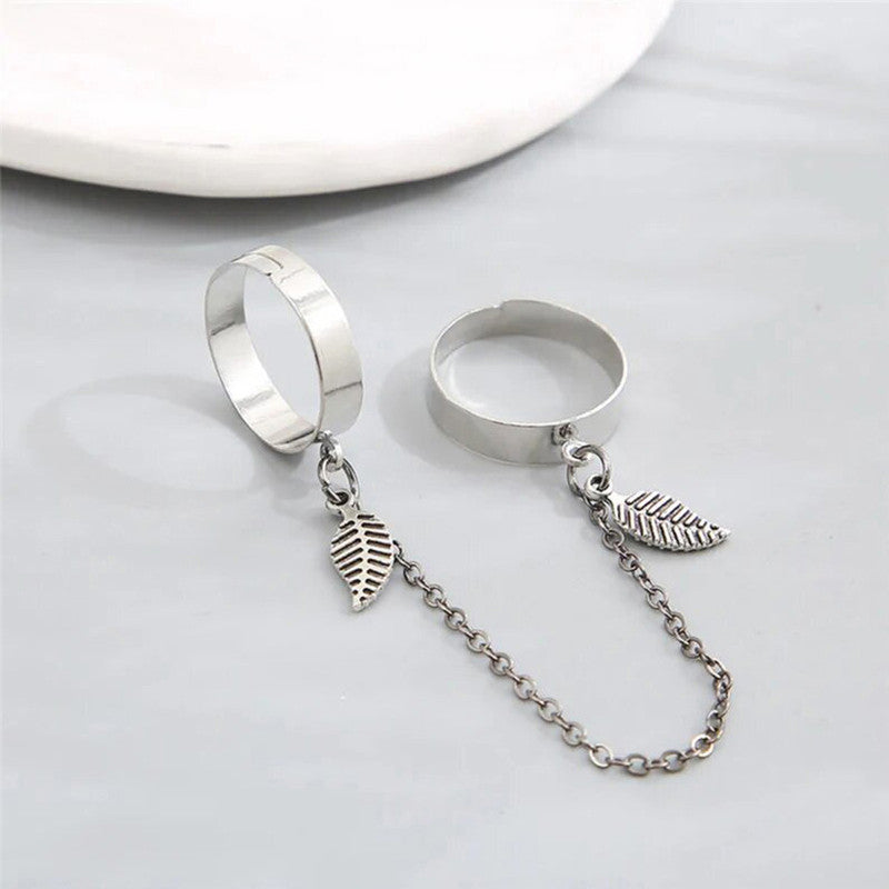 Silver-Toned Silver-Plated Leaf-Inspired Chain Rings For Women