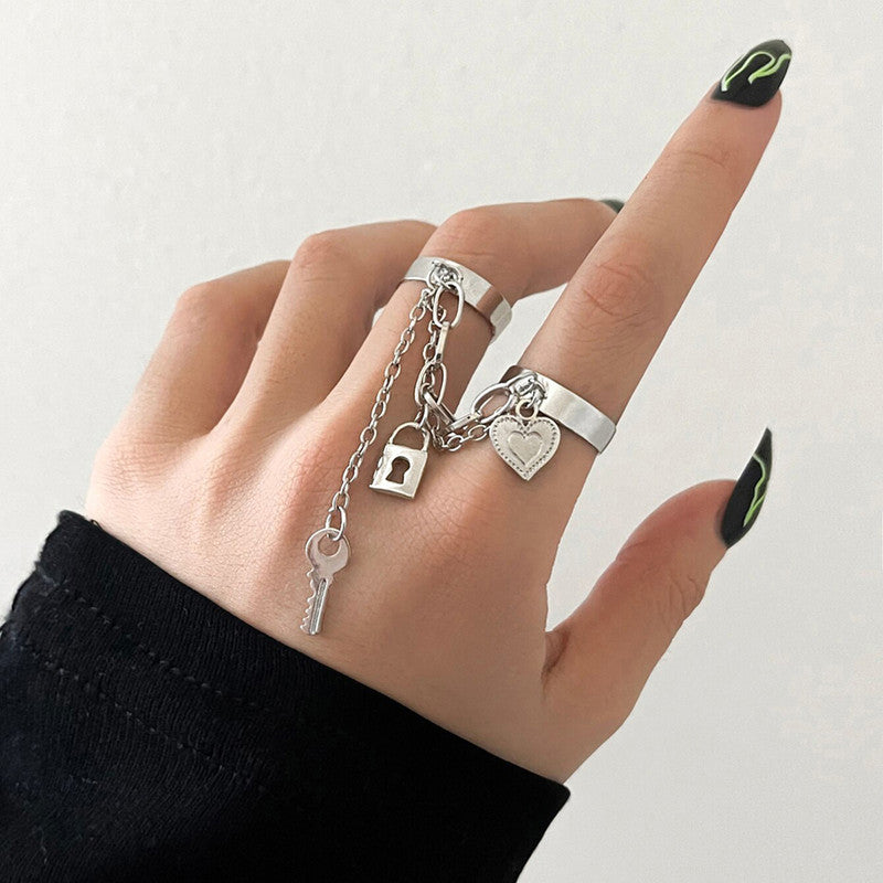 Silver-Toned Silver Plated Lock-Key Inspired Chain Rings For Women