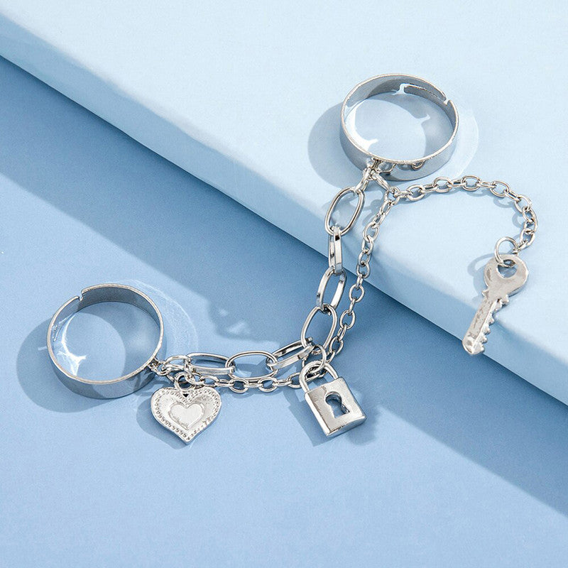 Silver-Toned Silver Plated Lock-Key Inspired Chain Rings For Women