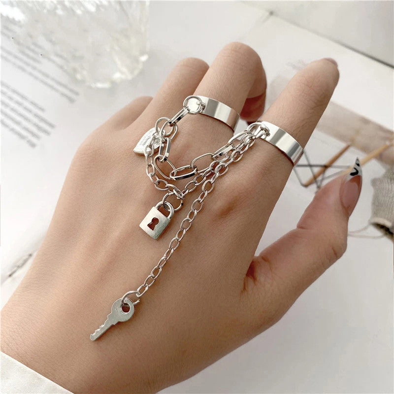 Silver-Toned Silver Plated Lock-Key Inspired Chain Rings For Women