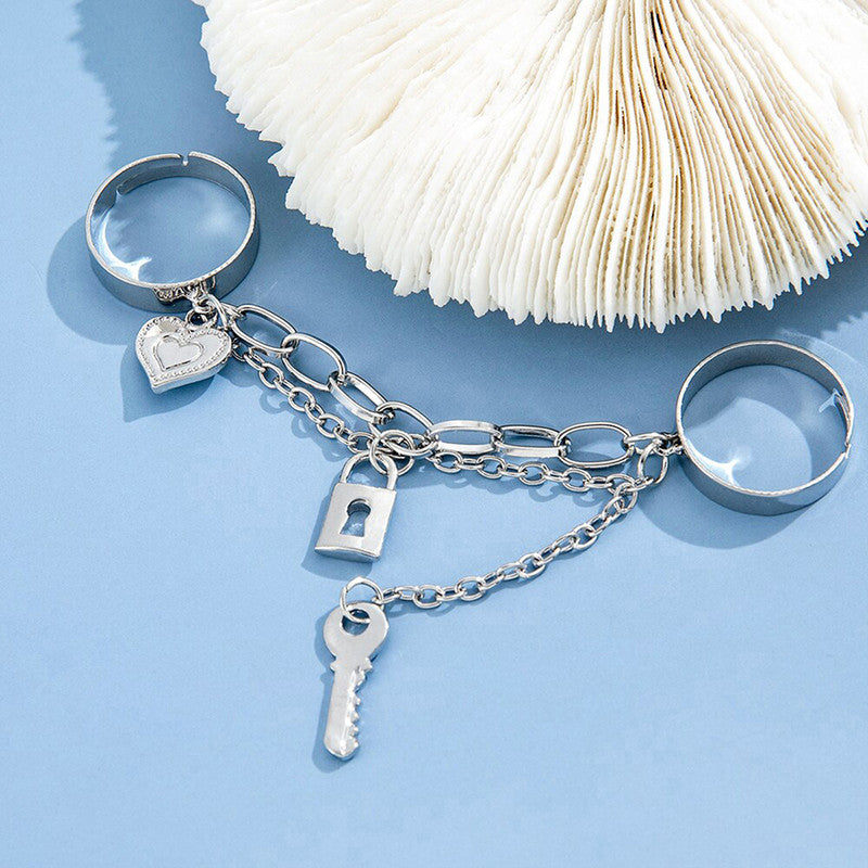 Silver-Toned Silver Plated Lock-Key Inspired Chain Rings For Women