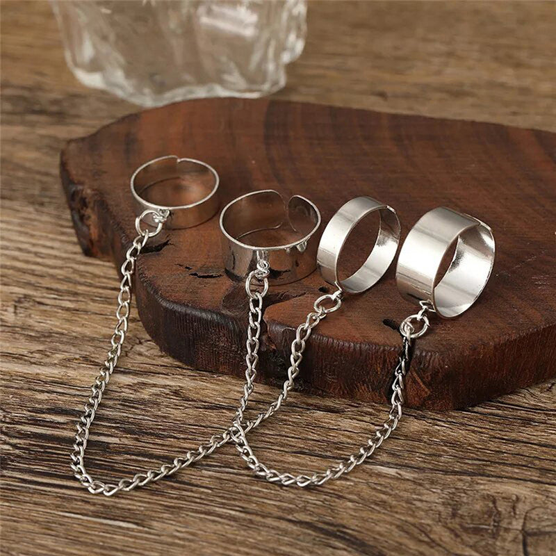 Silver-Toned Silver Plated Chain Rings Set of 2 For Women