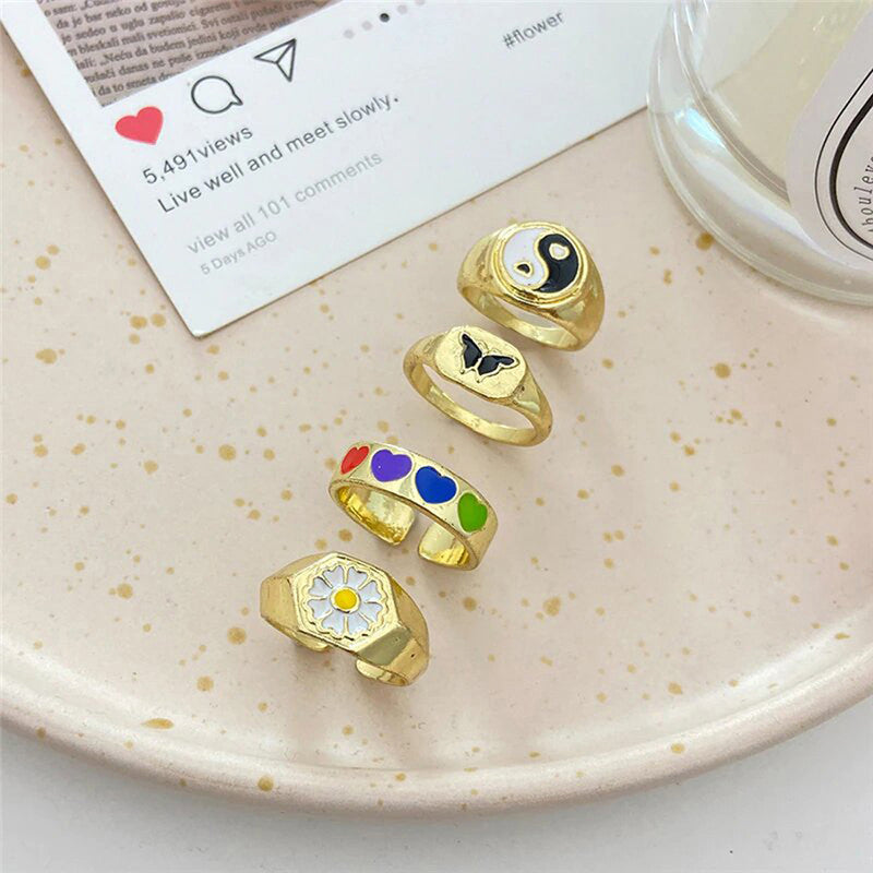 Multicolour Flower inspired Contemporary Stackable Rings Set of 4 For Women