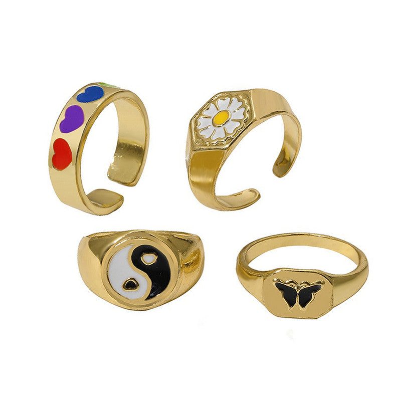 Multicolour Flower inspired Contemporary Stackable Rings Set of 4 For Women