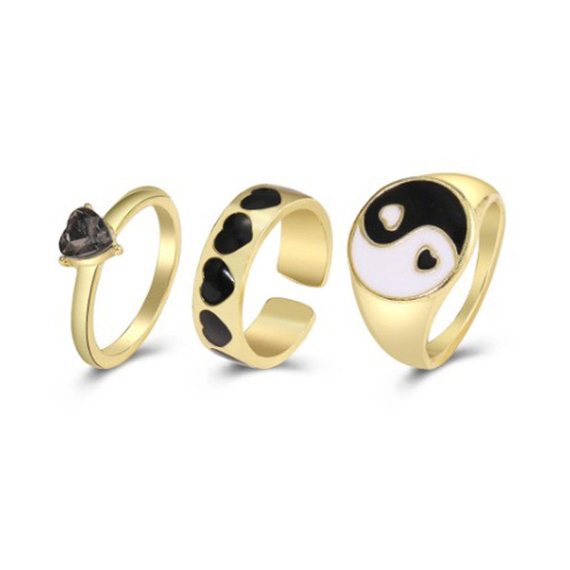 Black Gold Plated Yin-Yang inspired Stackable Rings Set of 3 For Women