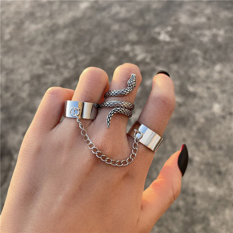 Silver Plated Snake inspired Contemporary Chain Rings Set of 2 For Women