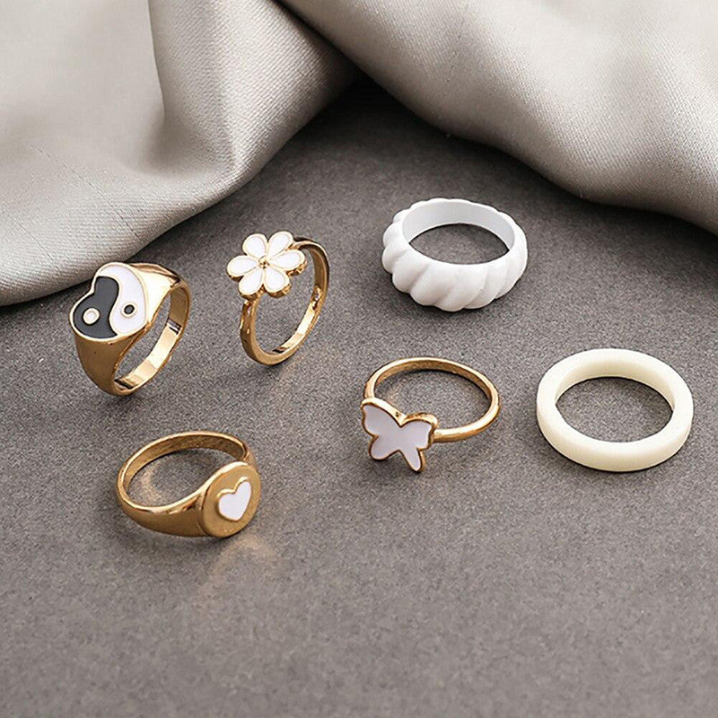 Gold Plated Floral Contemporary Stackable Rings Set of 6 For Women