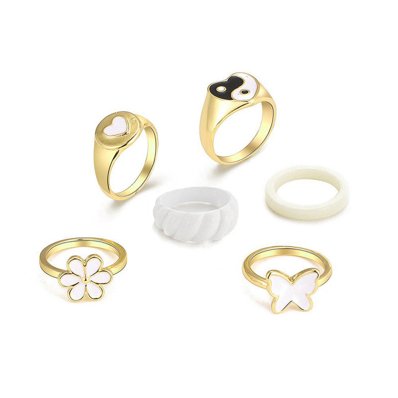 Gold Plated Floral Contemporary Stackable Rings Set of 6 For Women