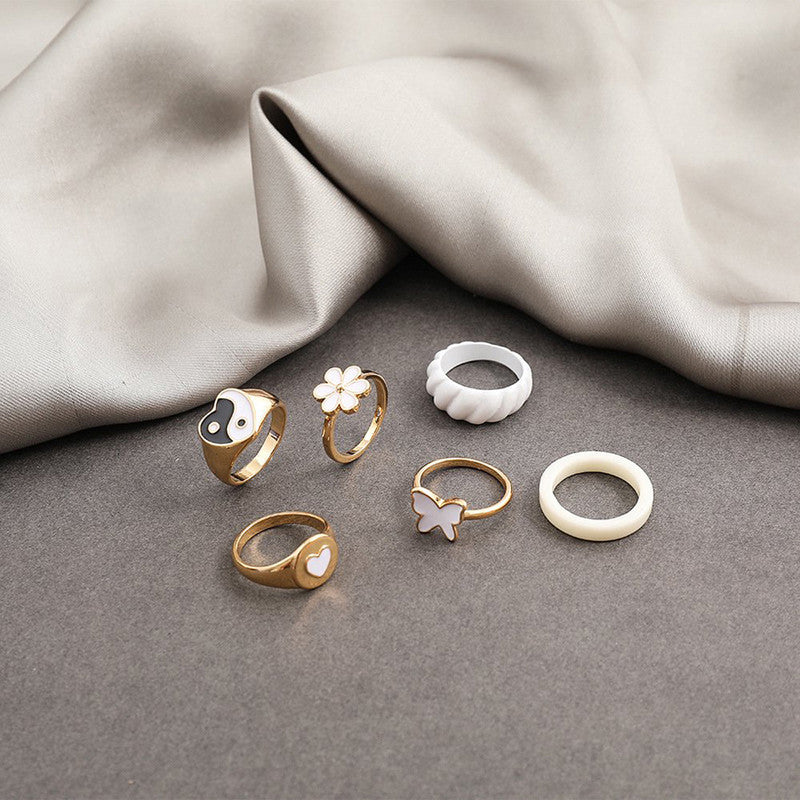 Gold Plated Floral Contemporary Stackable Rings Set of 6 For Women