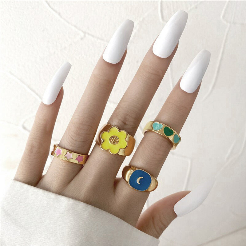 Gold Plated Multicolour Contemporary Stackable Rings Set of 4 For Women