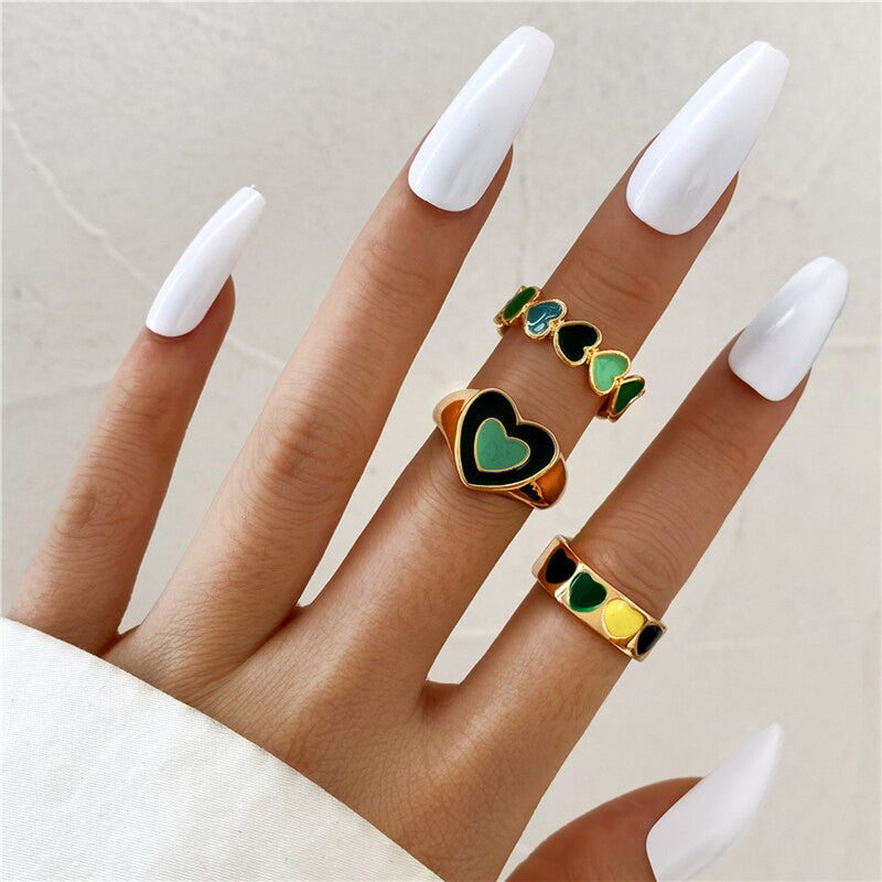 Green Gold Plated Hearts Stackable Rings Set of 3 For Women