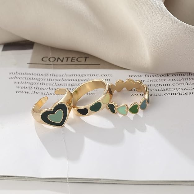 Green Gold Plated Hearts Stackable Rings Set of 3 For Women