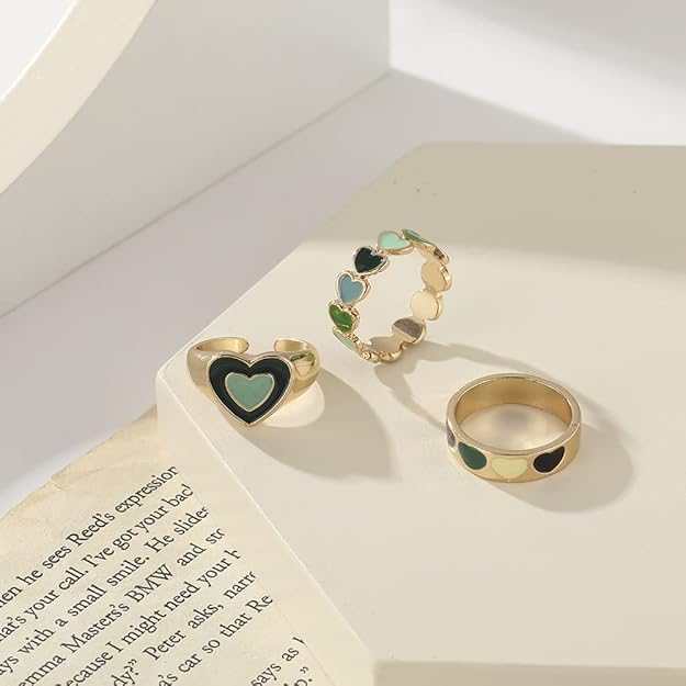 Green Gold Plated Hearts Stackable Rings Set of 3 For Women