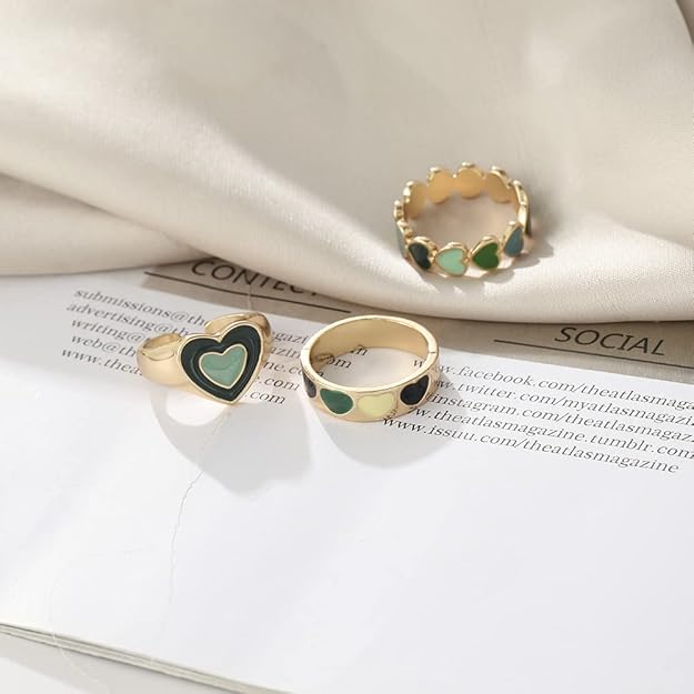 Green Gold Plated Hearts Stackable Rings Set of 3 For Women