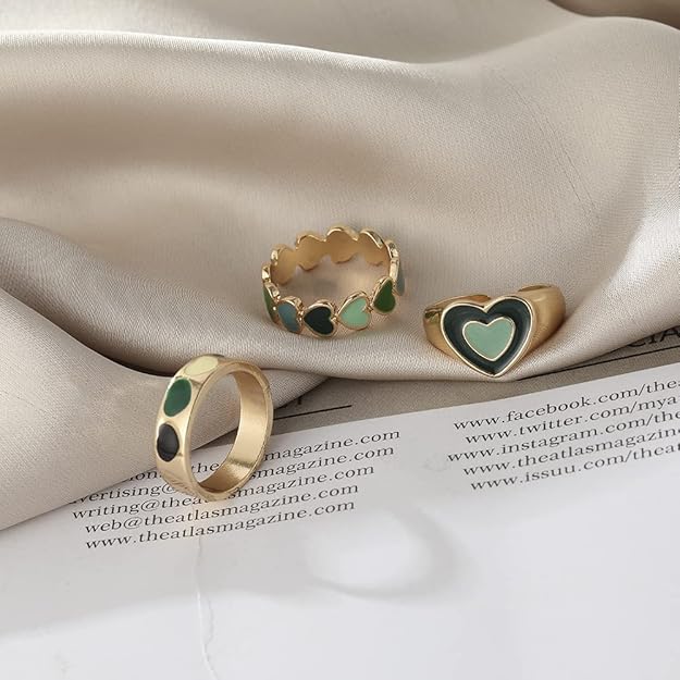 Green Gold Plated Hearts Stackable Rings Set of 3 For Women