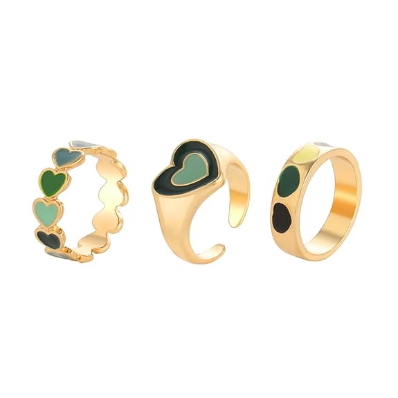 Green Gold Plated Hearts Stackable Rings Set of 3 For Women