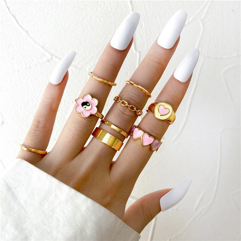 Pink Gold Plated Heart inspired Stackable Rings Set of 9 For Women