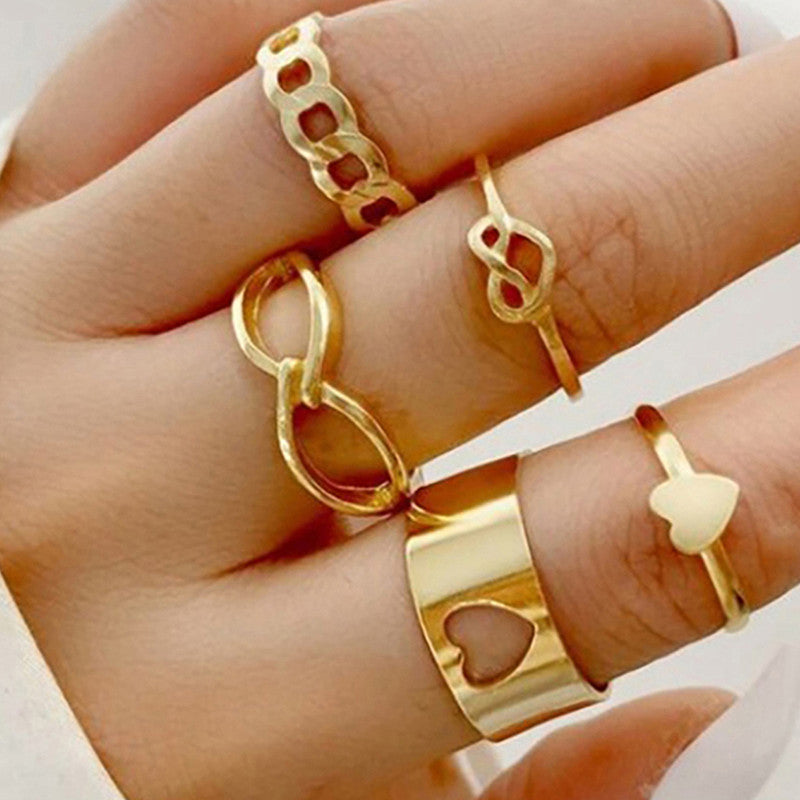 Hearts inspired Gold Plated Adjustable Rings (Set of 5)