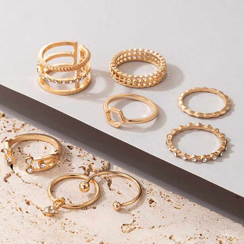 Gold Plated Gold-Toned Contemporary Stackable Rings Set of 8 For Women