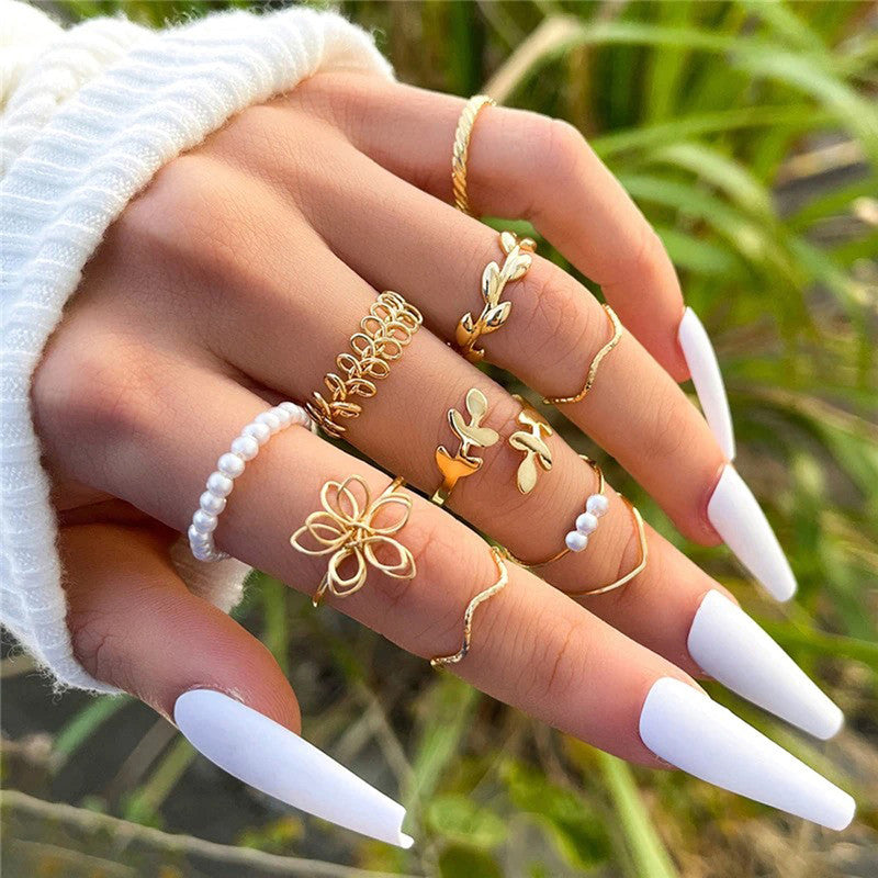 Women Set of 10 Gold Plated Adjustable Floral Finger Ring