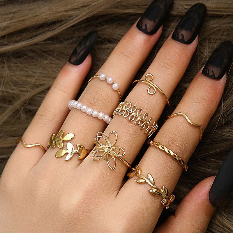 Set of 10 Gold Plated Adjustable Floral Finger Ring For Women