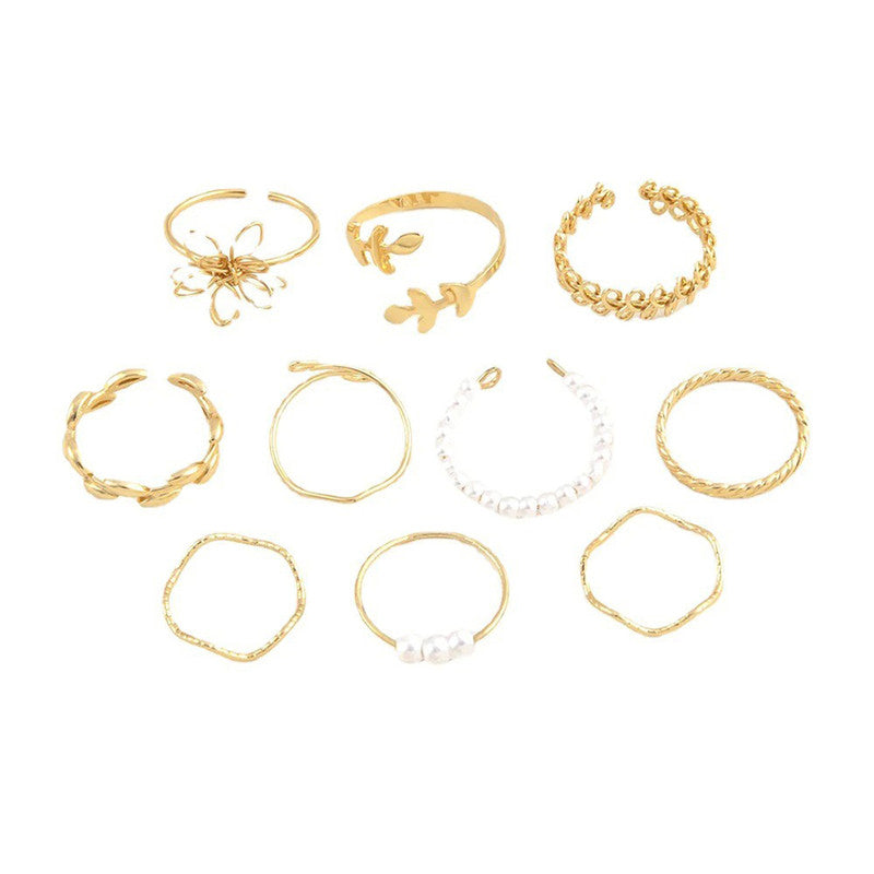 Set of 10 Gold Plated Adjustable Floral Finger Ring For Women