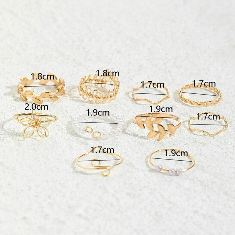 Set of 10 Gold Plated Adjustable Floral Finger Ring For Women