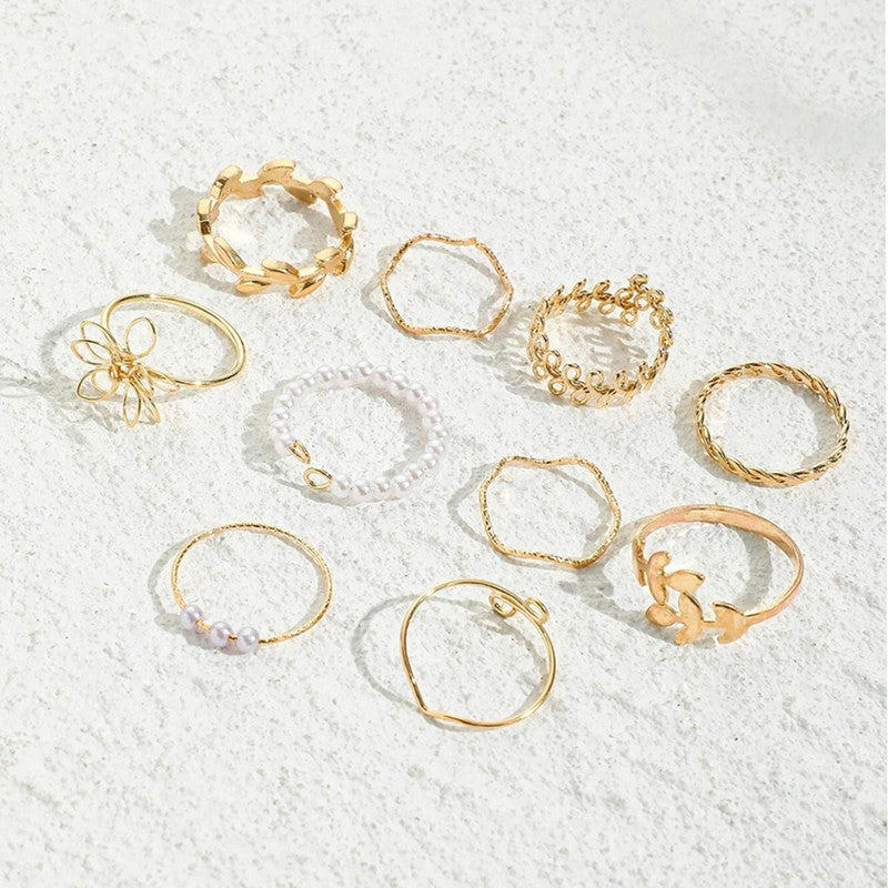 Set of 10 Gold Plated Adjustable Floral Finger Ring For Women