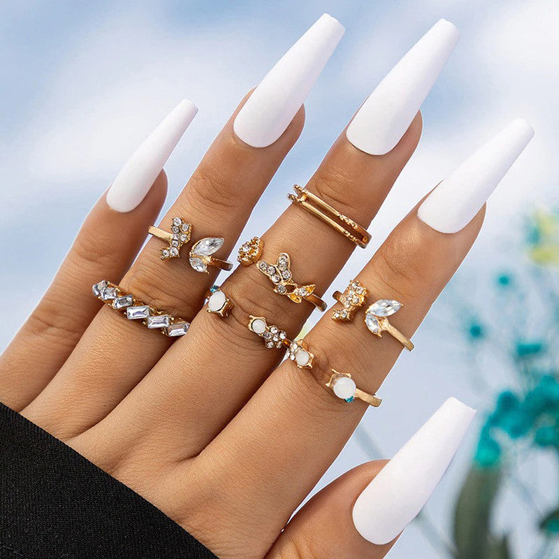 Gold Plated Stone Studded Contemporary Stackable Rings Set of 7 For Women