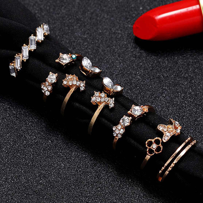 Gold Plated Stone Studded Contemporary Stackable Rings Set of 7 For Women