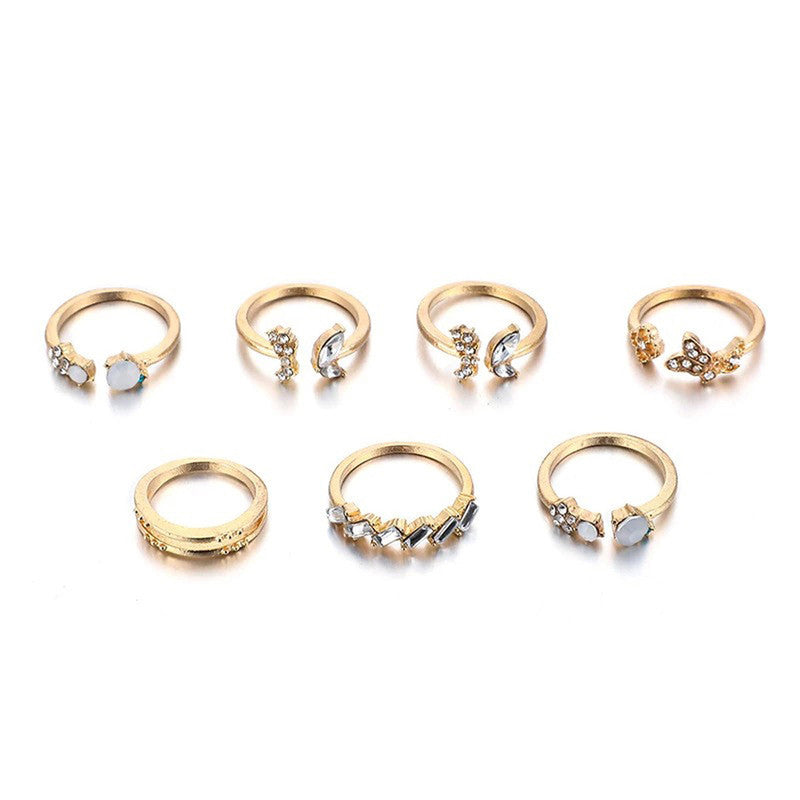 Gold Plated Stone Studded Contemporary Stackable Rings Set of 7 For Women