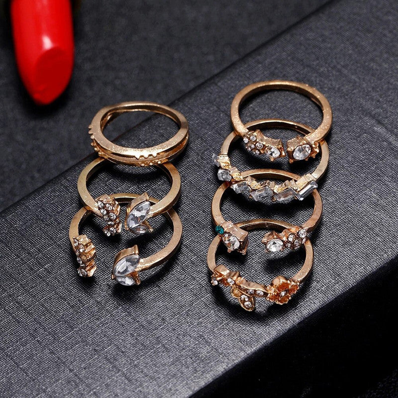 Gold Plated Stone Studded Contemporary Stackable Rings Set of 7 For Women