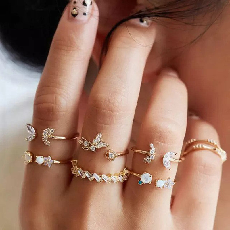 Gold Plated Stone Studded Contemporary Stackable Rings Set of 7 For Women