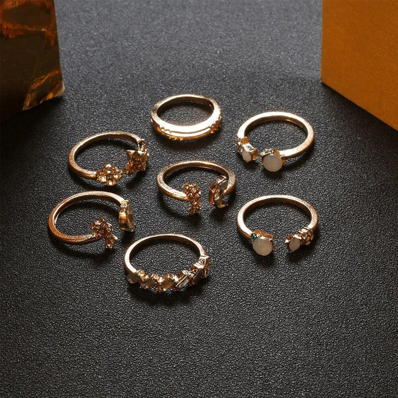 Gold Plated Stone Studded Contemporary Stackable Rings Set of 7 For Women