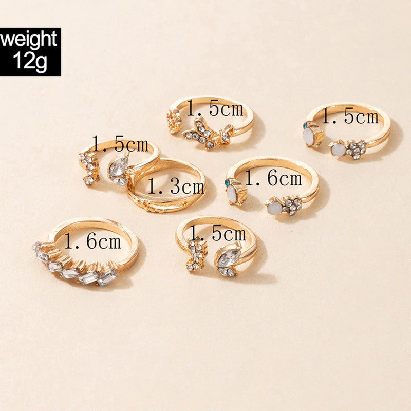 Gold Plated Stone Studded Contemporary Stackable Rings Set of 7 For Women