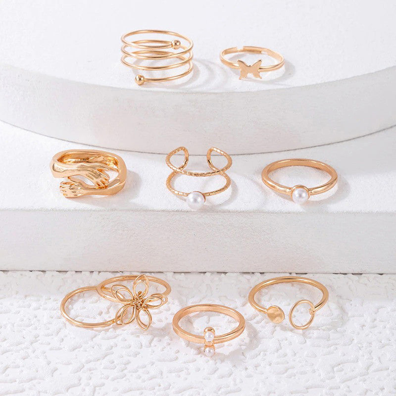 Women Set of 9 Gold Plated Adjustable Hug-Floral Finger Ring