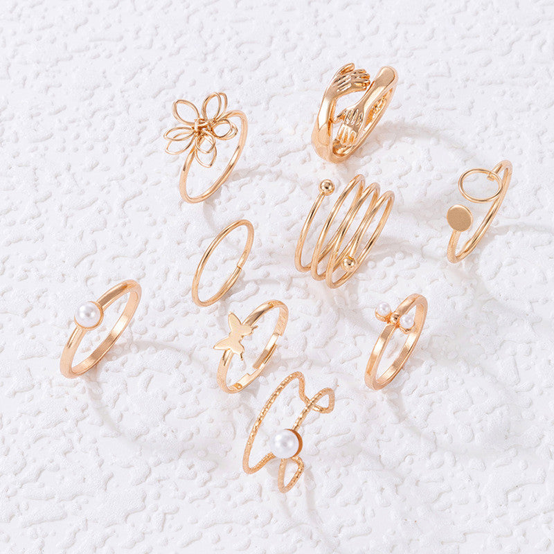 Women Set of 9 Gold Plated Adjustable Hug-Floral Finger Ring