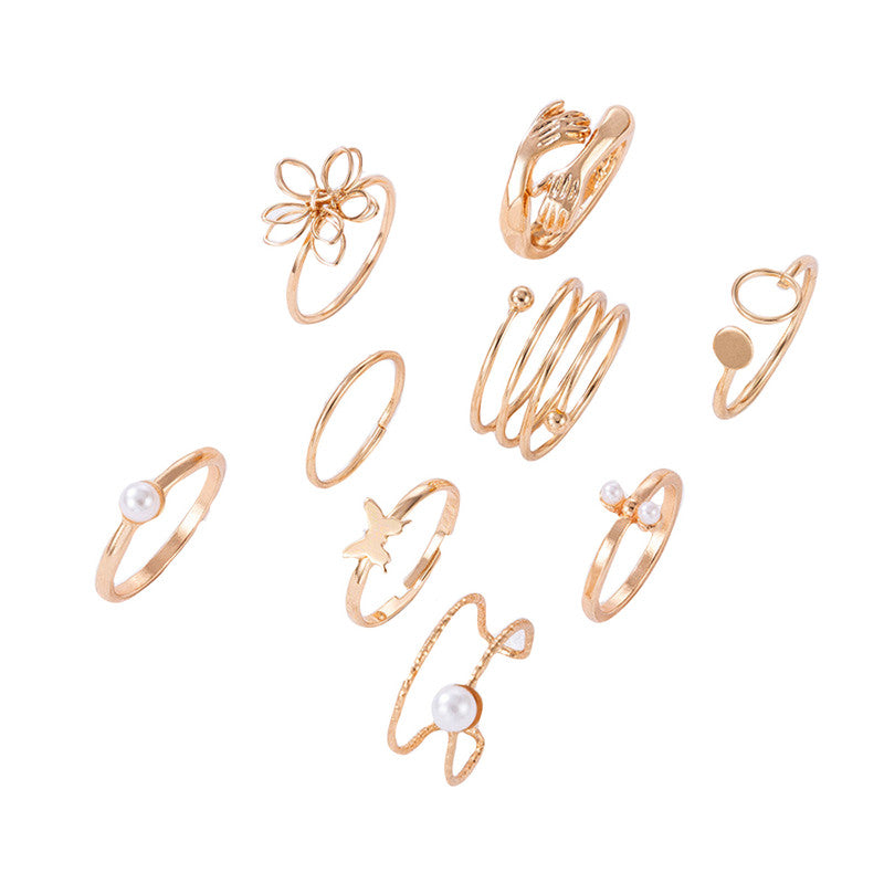 Women Set of 9 Gold Plated Adjustable Hug-Floral Finger Ring