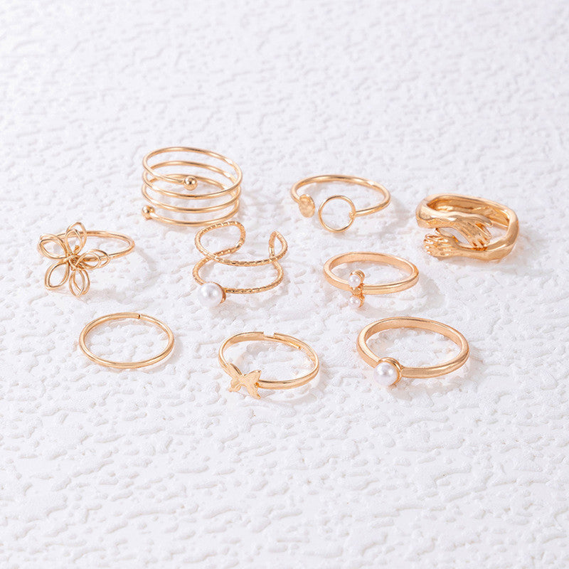 Women Set of 9 Gold Plated Adjustable Hug-Floral Finger Ring