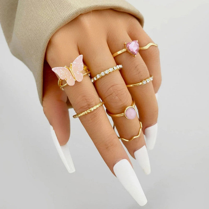 Gold Plated Pink Stone Studded Butterfly Stackable Rings Set of 8 For Women