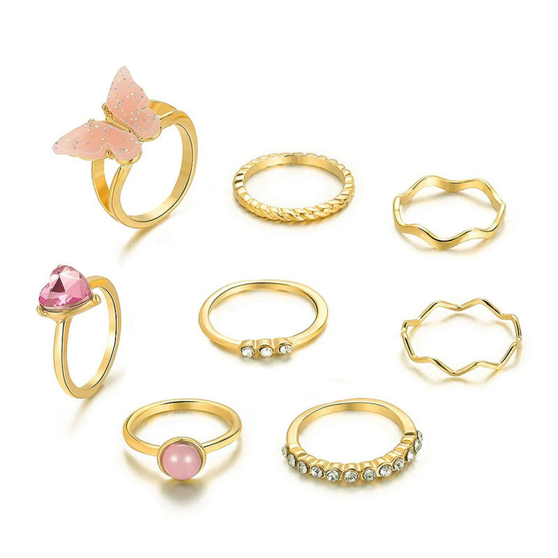 Gold Plated Pink Stone Studded Butterfly Stackable Rings Set of 8 For Women