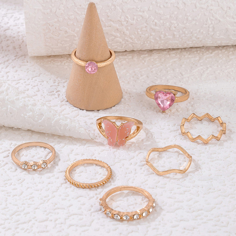 Gold Plated Pink Stone Studded Butterfly Stackable Rings Set of 8 For Women