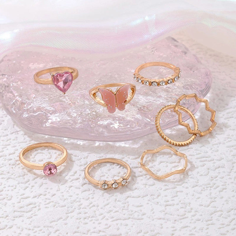 Gold Plated Pink Stone Studded Butterfly Stackable Rings Set of 8 For Women