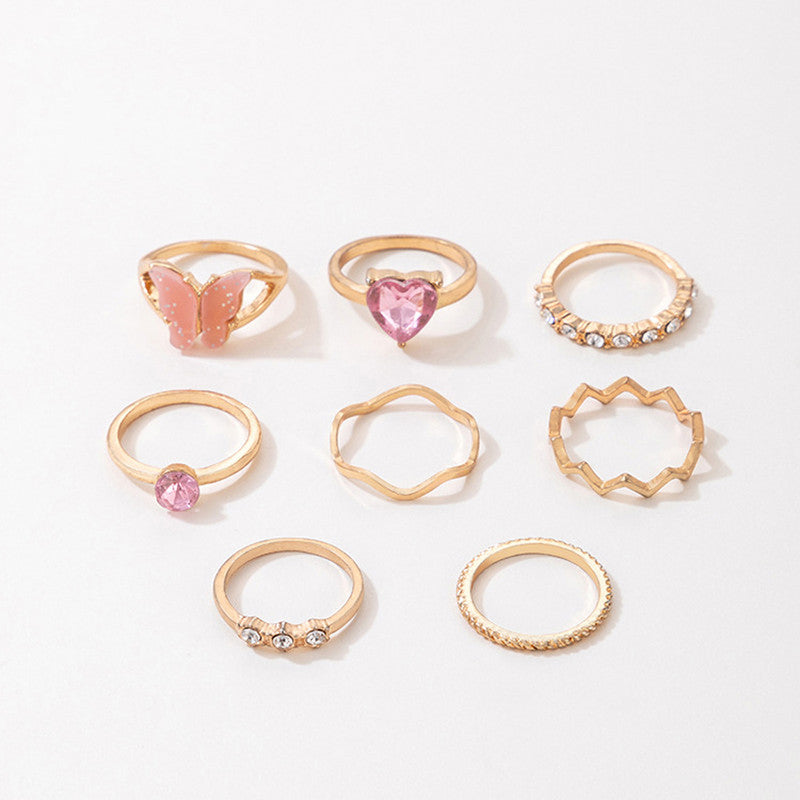 Gold Plated Pink Stone Studded Butterfly Stackable Rings Set of 8 For Women