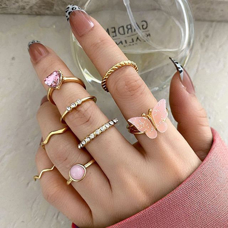 Gold Plated Pink Stone Studded Butterfly Stackable Rings Set of 8 For Women