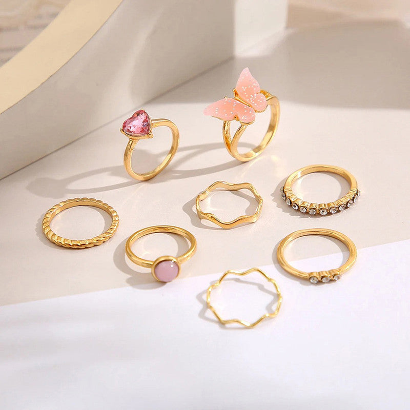 Gold Plated Pink Stone Studded Butterfly Stackable Rings Set of 8 For Women