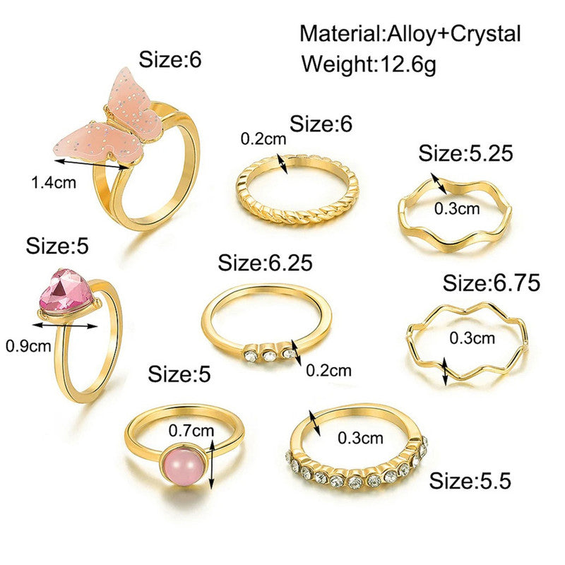 Gold Plated Pink Stone Studded Butterfly Stackable Rings Set of 8 For Women