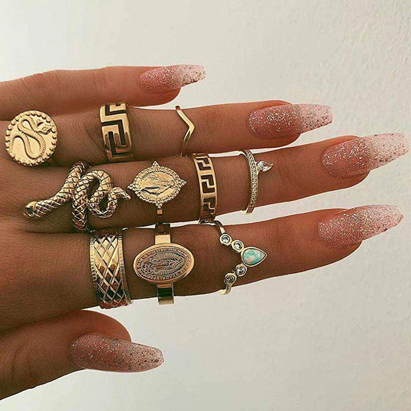 Gold Plated Snake Inspired Stackable Rings Set of 10